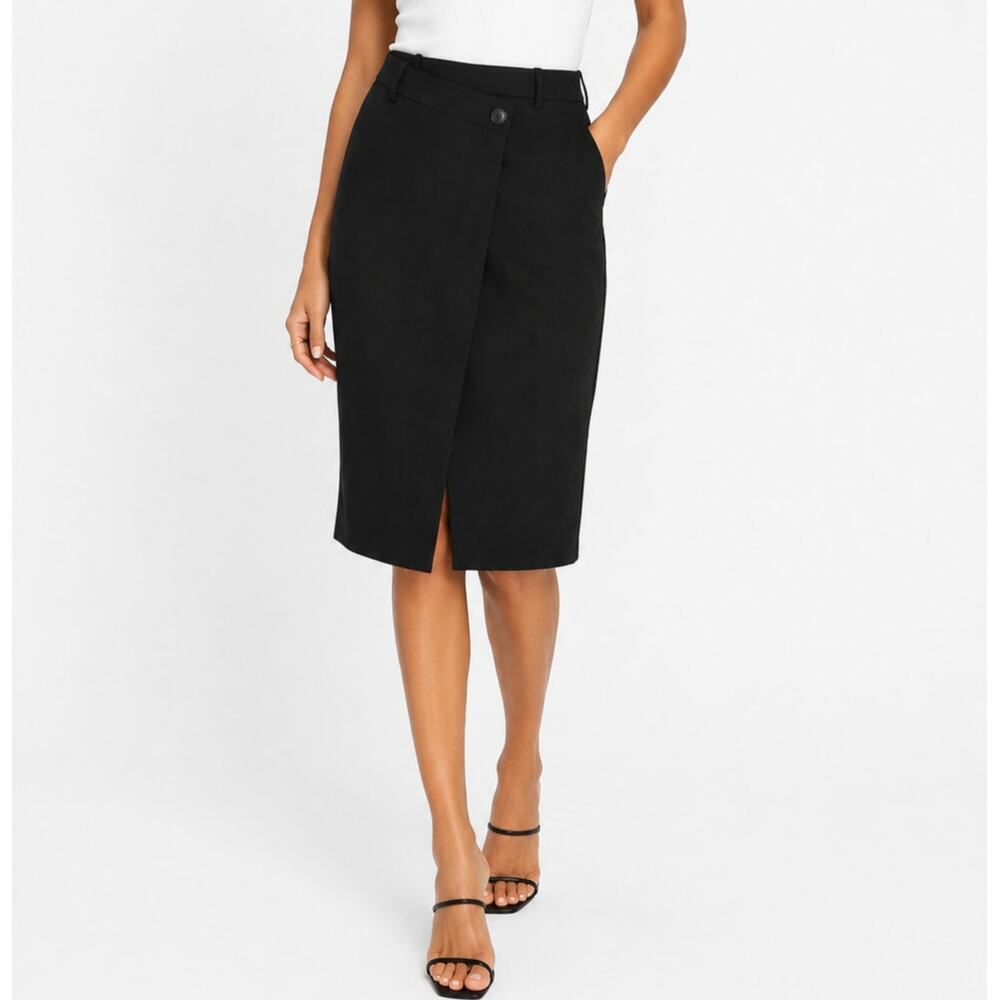 ZARA Black Asymmetrical Button Wrap Tailored Midi Straight Pencil Skirt Medium